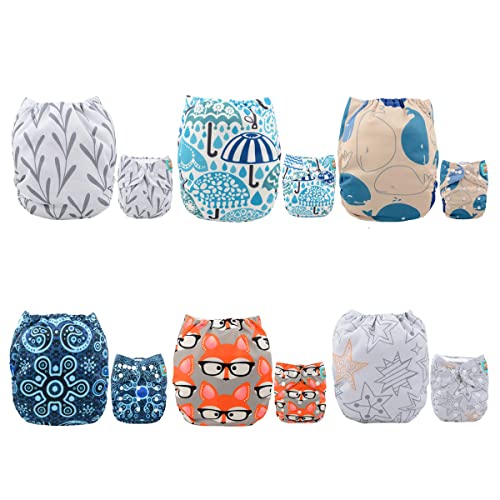 ALVABABY Baby Cloth Diapers 6 Pack with 12 Inserts One Size Adjustable Washable Reusable for Baby Girls and Boys 6DM26