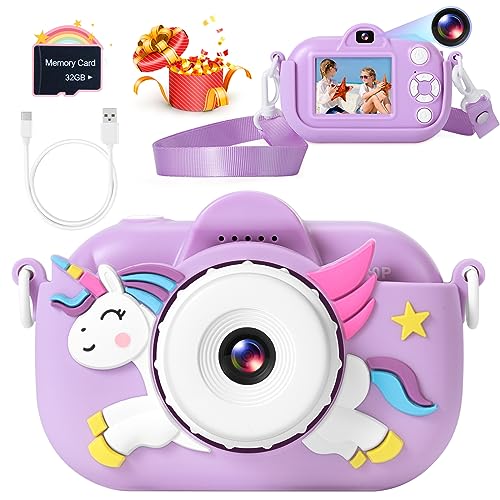 Kids Camera Toddler Toys for Girls Boys, YEEHAO 32MP Dual Lens Digital Camera for 3 4 5 6 7 8 9 Year Old Girl Christmas Birthday Gifts, 1080P Selfie Video Camera for Kids with 32GB SD Card, Purple