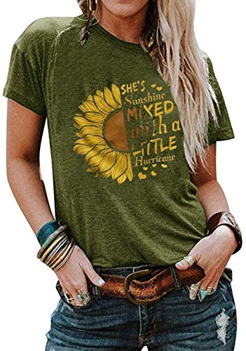 Cicy Bell Women's Sunflower Graphic Letter Print Tops Short Sleeve O Neck Summer Casual Cotton Tee Shirts (Green,Small)