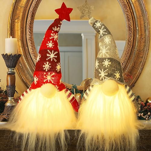 Juegoal 15' Lighted Christmas Gnome, Handmade Plush Scandinavian Swedish Tomte, Light Up Elf Toy Holiday Present, Battery Operated Winter Tabletop Christmas Decorations, 2 Set
