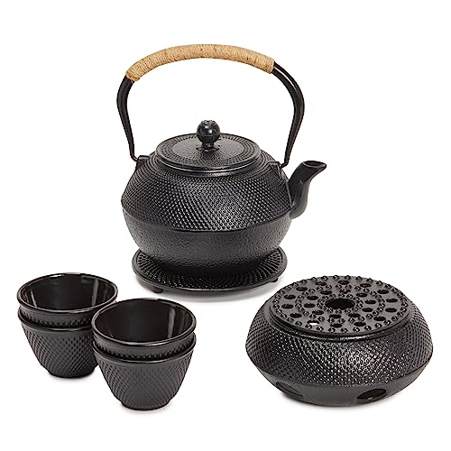 Juvale Cast Iron Tea Kettle for Stovetop - Japanese Tea Set with Warmer, Trivet, Infuser and 4 Teacups, Hobnail Design (40 oz, Black, 6 Pieces)