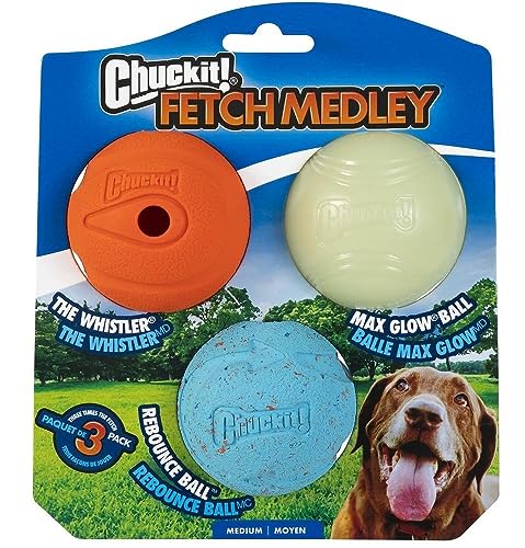 Chuckit! Fetch Medley Dog Ball Dog Toys, Medium (2.5 Inch) Pack of 3, for Medium Breeds, Includes Whistler, Max Glow and Rebounce Balls