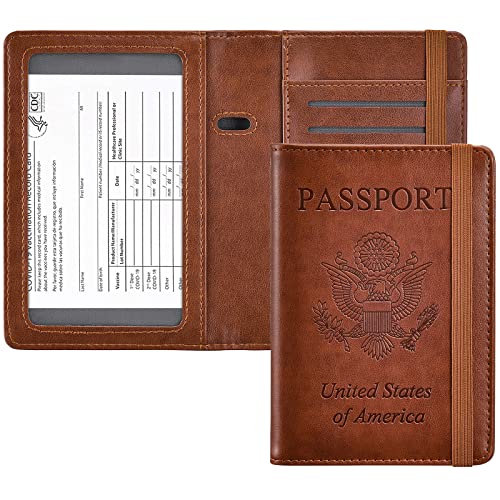 HerriaT Passport and Vaccine Card Holder Combo,Cover Case with CDC Vaccination Card Slot, Leather Travel Documents Organizer Protector, with RFID Blocking, for Women and Men