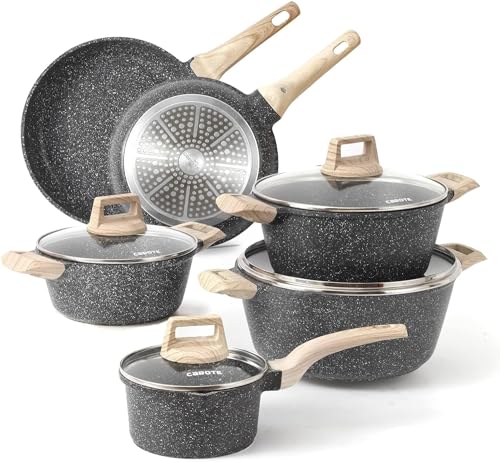 Carote Nonstick Granite Cookware Sets 10 Pcs Stone Cookware Set,non stick frying pan set , pots and pans set ( Granite, induction cookware)
