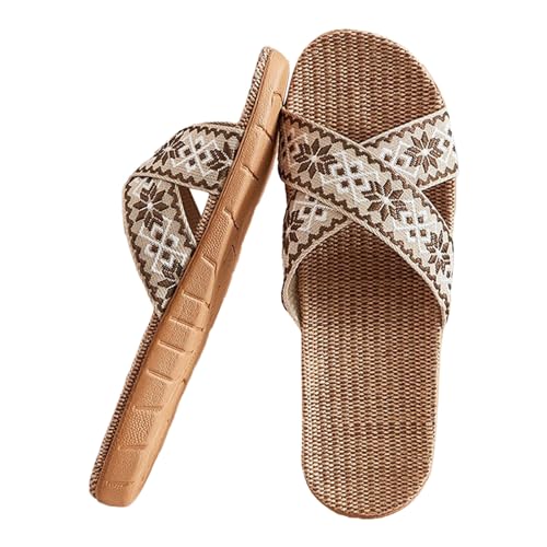 JEUROT Unisex Linen Slippers Summer Skidproof Indoor Slippers Flax Men Women Boho House Slipper Open-Toe Breathable Beach Shoes (Coffee-1, 8.5)