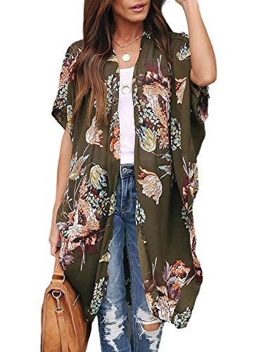 Ivay Womens Floral Kimono Duster Cardigans Short Sleeve Draped Oversized Beach Cover Up Cape