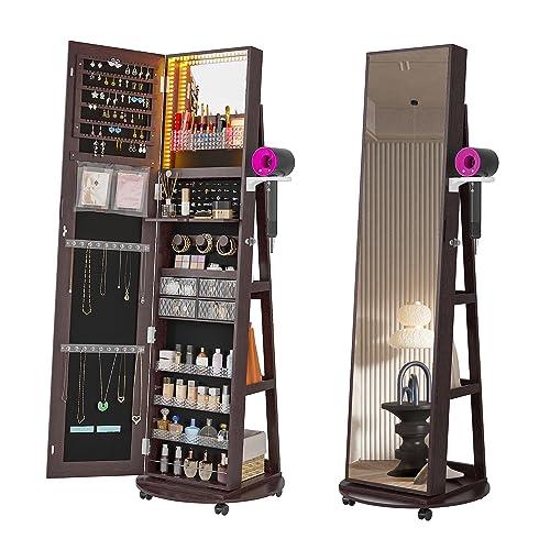 HNEBC 360° Swivel Jewelry Armoire with Mirror, LED Mirror Jewelry Cabinet Standing, Full Length Mirror with Jewelry Storage, Standing Jewelry Organizer/Lockable Wheels/Foldable Makeup Shelf(Brown)