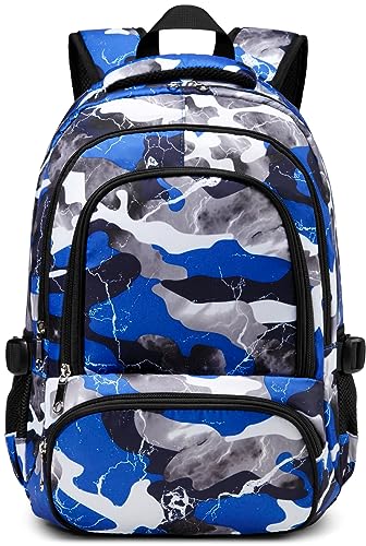 BLUEFAIRY Kids Backpack for Boys Elementary School Bags Primary Middle School Bookbags for Childs Water Resistant Back to School Gifts Son Mochila Escolares para Niños Aged 8-10 17 Inch Camo Blue