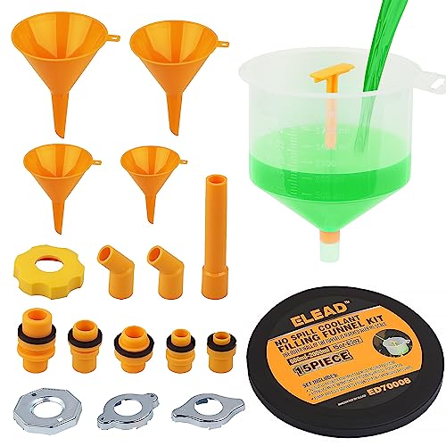 ELEAD 15 PCS No-Spill Coolant Funnel Kit Radiator Funnel burping kit funnels for Filling Bottles Universal Fitment Aplicable to Any Vehicle funnels for Automotive use 4PCS Round Kitchen Funnel