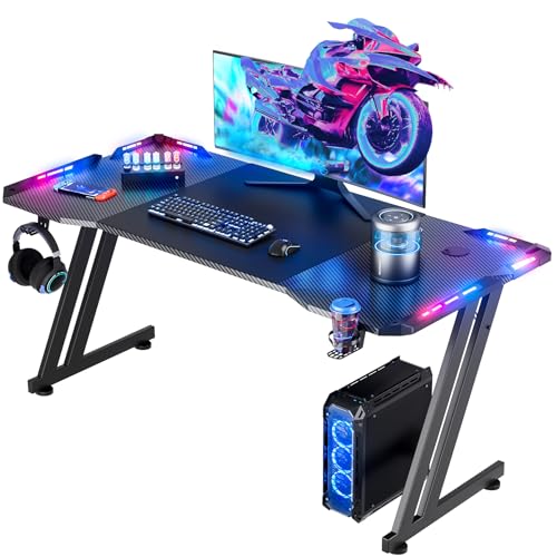 HLDIRECT 47 Inch Gaming Desk with LED Lights Carbon Fibre Surface Gaming Table Large Computer Desk Ergonomic Home Office Desks Z Shaped PC Gamer Workstations with Cup Holder & Headphone Hook
