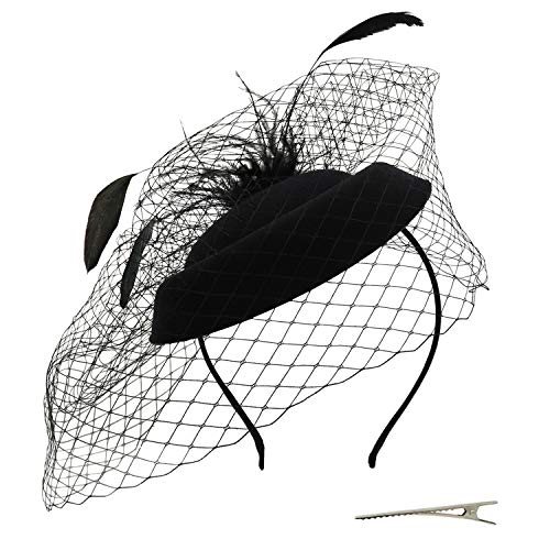 Wheebo Fascinator Hat Flower Feather Mesh Net Veil Party Halloween Funeral Hats for Women Girls (D-Black)