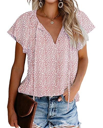 Mansy Women Tops Floral Print V Neck Ruffle Short Sleeve Summer Shirts Tops Loose Blouses