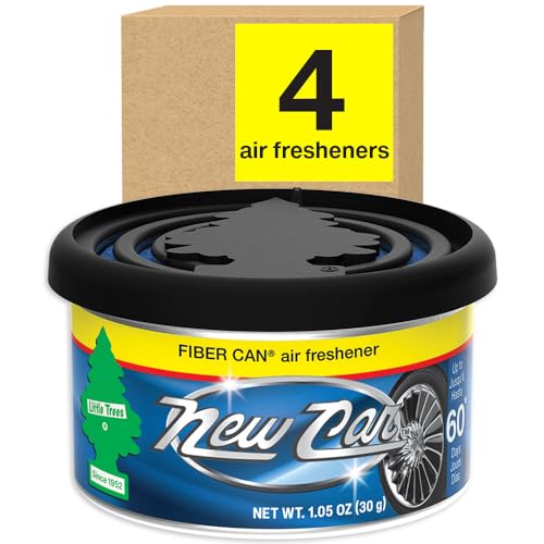 LITTLE TREES Car Air Freshener. Fiber Can Provides a Long-Lasting Scent for Auto or Home. Adjustable Lid for Desired Strength. New Car Scent, 4 Air Fresheners