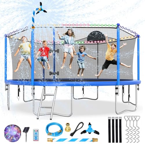 Lyromix 16FT 15FT 14FT Trampoline for Kids and Adults, Large Outdoor Trampoline with Stakes, Light, Sprinkler, Backyard Trampoline with Basketball Hoop and Net, Capacity for 5-8 Kids and Adults