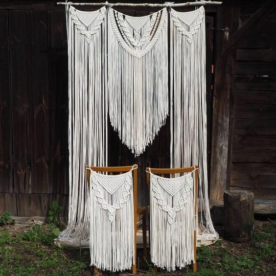 Bohemian Macrame Wedding Backdrop, Wall Hanging,Chair Covr with Backdrop (W 100 X L 95 INCH)