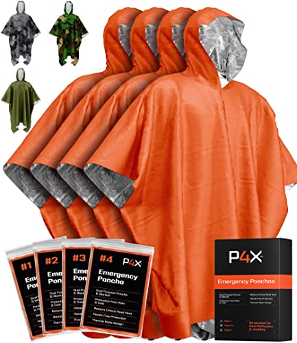 PREPARED4X Emergency Rain Poncho with Mylar Survival Blanket Liner for Car - Heavy Duty, Waterproof Camping Gear, Tactical Prepper Supplies– 4 Pack (Orange)