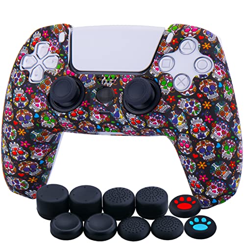 YoRHa Water Transfer Printing Silicone Thickened Cover Skin Case for PS5 Dualsense Controller x 1(Madeup Skulls II) with Thumb Grips x 10