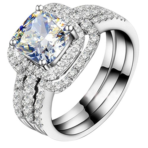 THREE MAN White Gold Plated Perfect 3CT Cushion Engagement Ring Wedding Bands NSCD Simulated Diamond Rings Set