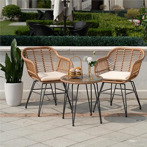 Tappio 3 Piece Outdoor Wicker Furniture Patio Bistro Set, Balcony Furniture Rattan Conversation Sets with Cushions, Wicker Patio Chairs Patio Furniture Set for Outdoor Poolside Garden, Beige