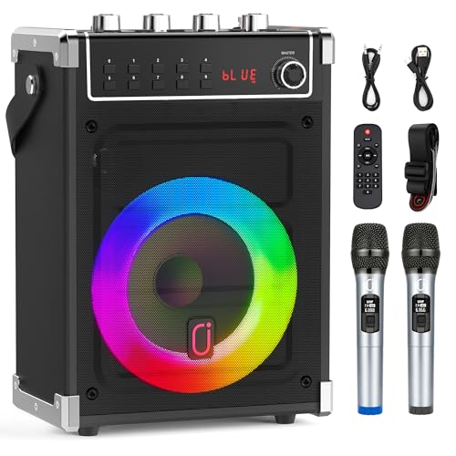 JYX Karaoke Machine with 2 UHF Wireless Microphones, Bass/Treble Bluetooth Speaker with LED Light, Support TWS, AUX In, FM, REC, Supply for Party/Adults/Kids - Black