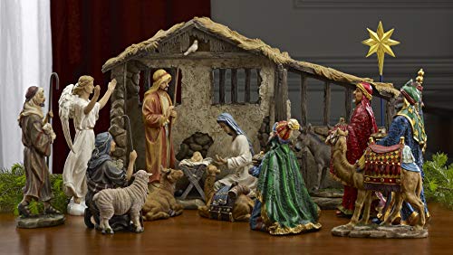 Three Kings Gifts Deluxe Edition, Lighted Stable, Wise Men, Christmas Star, Angel, Shepherds, Holy Family, Real Gold in Trunk, Nativity Scene Set & Figures, 16-Pieces, 7 inch Scale Collection