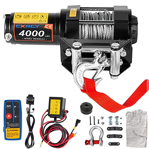 CXRCY 12V 4000 lbs Electric Winch Kits with 3/16'(4.7mm) Diameter x 32.8'(10m) Length Steel Rope ATV/UTV Winch for Towing Off Road Trailer with Wireless Remote Control and Mounting Bracket