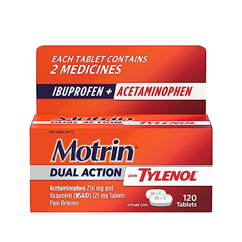 Motrin Dual Action with Tylenol, Pain Reliever Ibuprofen & Acetaminophen, Two Medicines for Minor Aches Pains, (NSAID) 125 mg Acetaminophen 250 mg, 120 ct