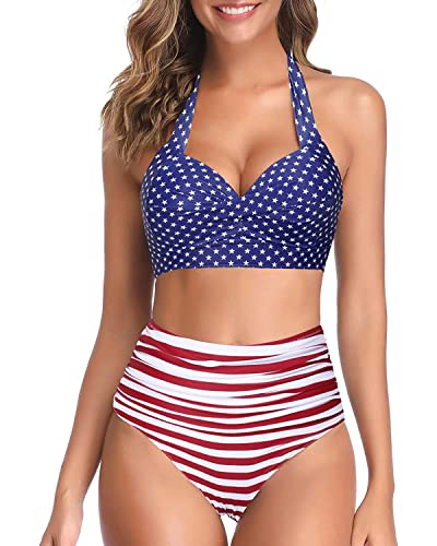 Tempt Me Women's Vintage Swimsuits American Flag Retro Halter Ruched High Waist Bikini with Bottom L