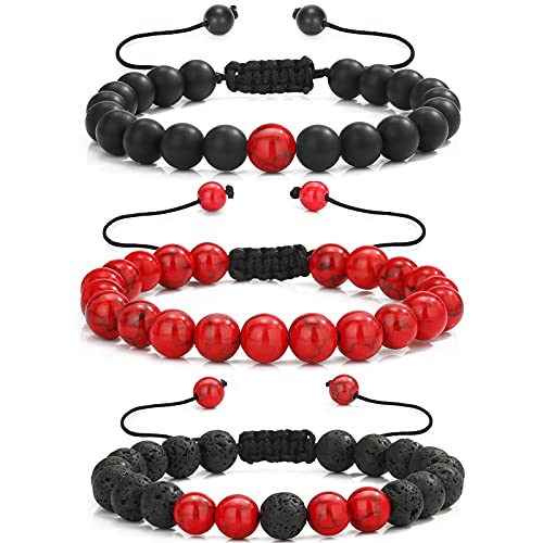 MengPa Beads Bracelets Mens Lava Rock Stone Beaded Anxiety Essential Oil Volcanic Bracelet Set Howlite-Red US4557A
