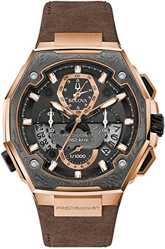 Bulova Men's Precisionist X 10th Anniversary Rose Gold Stainless Steel and Demascus Steel 8-Hand Chronograph Watch with Brown Leather Strap and Sapphire Crystal Style: 98B356