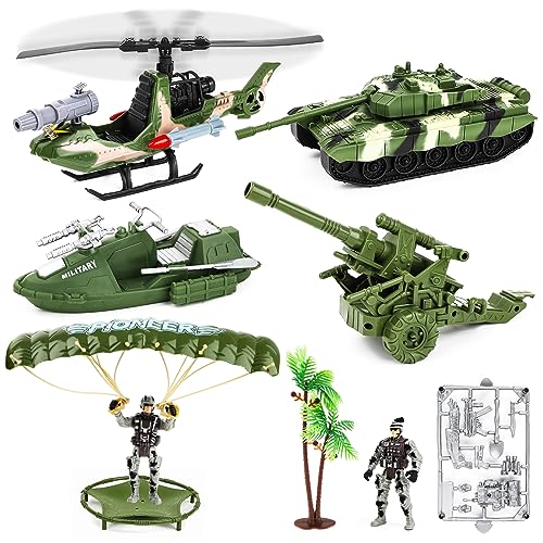deAO Diecast Military Vehicles Toy Set Army Model Truck Toys Playset with Helicopter Tank Kayak Artillery 2 Soldiers for Kids Boys & Girls Age 3 4 5 6-Pack of 8