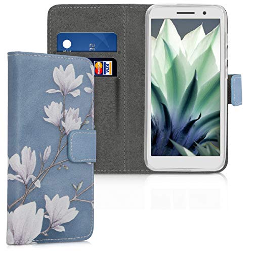 kwmobile Wallet Case Compatible with Alcatel 1 (5.0') Case for Phone - Magnolias Taupe/White/Blue Grey