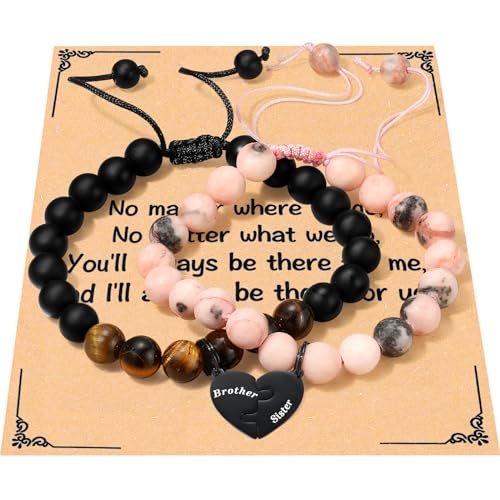 Brother and Sister Matching Heart Bracelets Set for 2, Bro and Sis Natural Stone Bracelet for Women Men Boys Girls Graduation Back to School Christmas Valentines Birthday Jewelry