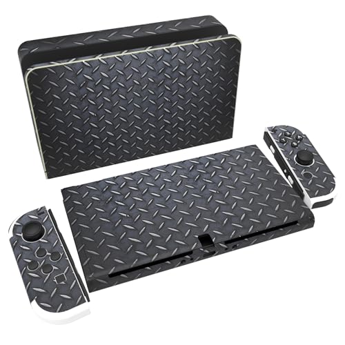 PlayVital Full Set Protective Stickers for Nintendo Switch OLED Model, Customized Vinyl Decal Skins for Switch OLED Console & Joycon & Dock & Grip - Black Diamond Metal Texture