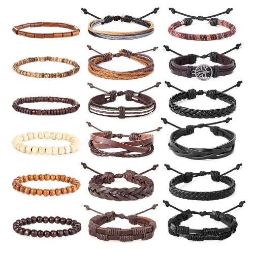 HANPABUM 18pcs Braided Leather Bracelets for Men Women Woven Cuff Wrap Bracelet Wood Beads Ethnic Tribal Bracelets Adjustable