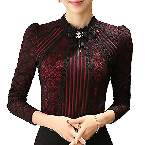SansoiSan Women's Vintage Beaded Buttons Pleated Shirt Long Sleeve Lace Stretchy Blouse (Red, Medium)