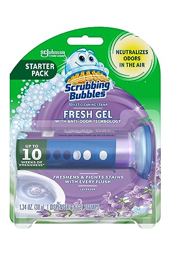 Scrubbing Bubbles Toilet Gel Stamps, Fresh Gel Toilet Cleaning Stamps, Helps Keep Toilet Clean and Helps Prevent Limescale & Toilet Rings, Lavender Scent, 1 Dispenser with 6 Stamps