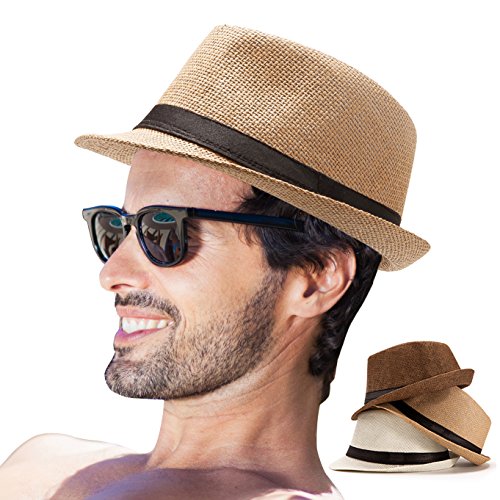 LADYBRO Mens Fedora Hat Men Hats Straw Hat Men Summer Fedora Havana Hat Men Fedora Cuban (Pack of 3 (Milky White,Coffee,Khaki))