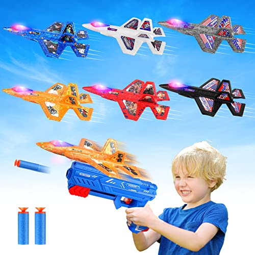 6 Pack Airplane Launcher Toy,7.4' F-35 Foam LED Catapult Plane with 6 Stickers for Kids Outdoor Flying Toys Birthday Gifts for 4 5 6 7 8 9 10 12 Year Old Boys Girls