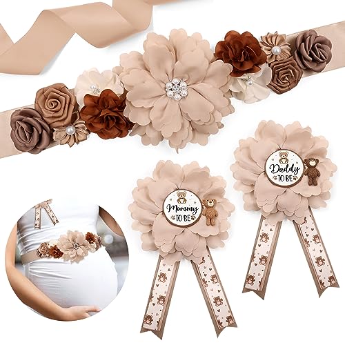 Vansolinne Brown Teddy Bear Maternity Sash Kit Mom to Be Daddy to Be Corsage Pins Bear Theme Baby Shower Decorations Teddy Bear Belly Band Pregnancy Photo Props New Parents Keepsake