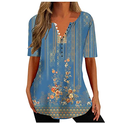 My Orders Down Shirt Outerwear Deals Tshirts Shirts for Women Clearance Summer Shirts for Women 2024 Trendy Floral Print Boho T-Shirt Quarter Button Down T Shirts Pleated 3/4 Sleeve Tops
