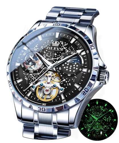 OUPINKE Mens Watches Automatic Starry Sky Dial Moon Phase Skeleton Self Winding Luxury Stainless Steel Waterproof Luminous Wrist Watch for Men Silver Black
