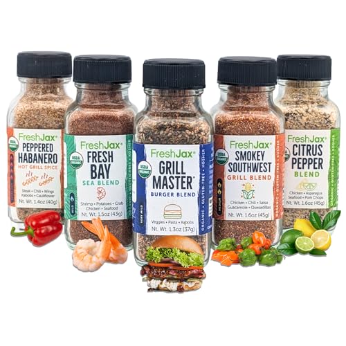 FreshJax Grill Seasoning Gift Set | Pack of 5 Organic Grilling Spices | Grilling Gifts for Men | Peppered Habanero, Fresh Bay, Grill Master, Smokey Southwest & Citrus Pepper | BBQ Grill Spices and Seasoning Sets