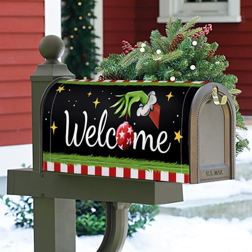 Christmas Welcome Mailbox Cover Magnetic Standard Size 21'x18', Winter Box Cover Green Holiday Mailbox Wraps Funny Post Letter Box Christmas Garden Yard Decor Outdoor