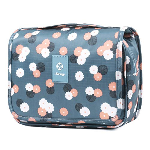 Narwey Hanging Toiletry Bag for Women Travel Makeup Bag Organizer Toiletries Bag for Travel Size Cosmetics Essentials Accessories (Blue Flower)