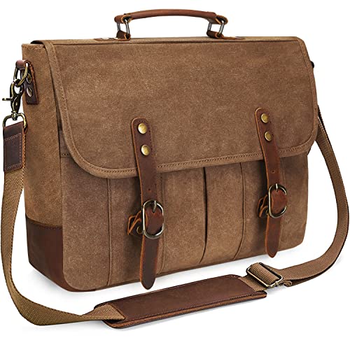 Mens Messenger Bag 15.6 Inch Waterproof Vintage Genuine Leather Waxed Canvas Briefcase Retro Office Computer Laptop Bag Large Satchel Shoulder Bag for Men Women, Brown