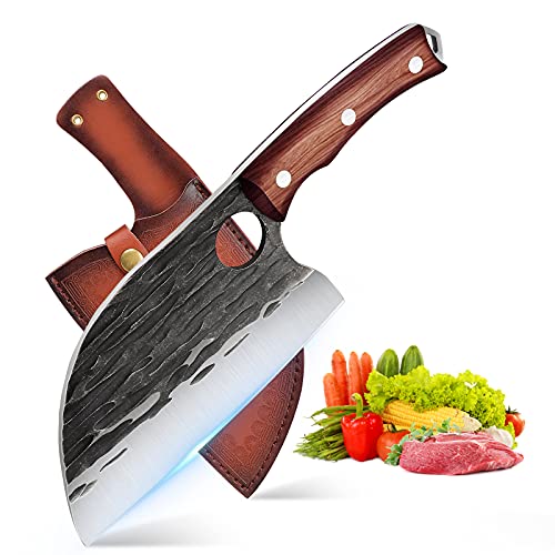 ROCOCO Serbian Chef Knife 6.5' Butcher Knife Japanese Full Tang Boning Chopping Viking Cleaver with Sheath for Kitchen Outdoor BBQ Camping Thanksgiving Christmas Gift Gift Men