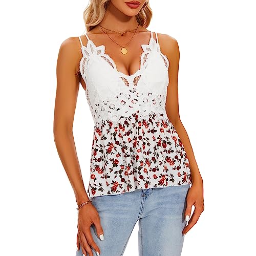 BSXIJIE Women Summer V-Neck Lace Cami Peplum Top Spaghetti Strap Sleeveless Lace Tank Top XJ1039 White floral2 M