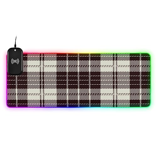 Nesatuwa Vintage Black and White Plaid Classial Buffalo Check Tartan Mouse Pad with Wireless Charging 15W Fast Wireless Chargering Non-Slip Keyboard Pad 14 Light Modes Gaming Mouse Pad 35.4 'X15.7