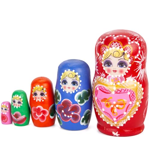 POPLAY 5PCS Russian Nesting Dolls, Stacking Wooden Handmade Matryoshka Dolls Wooden Nesting Dolls for Girls Boys' Birthday or Home Decoration